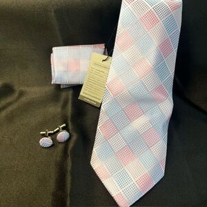 NWT- Silk Pink & Light Blue Check Tie Set with Cufflinks